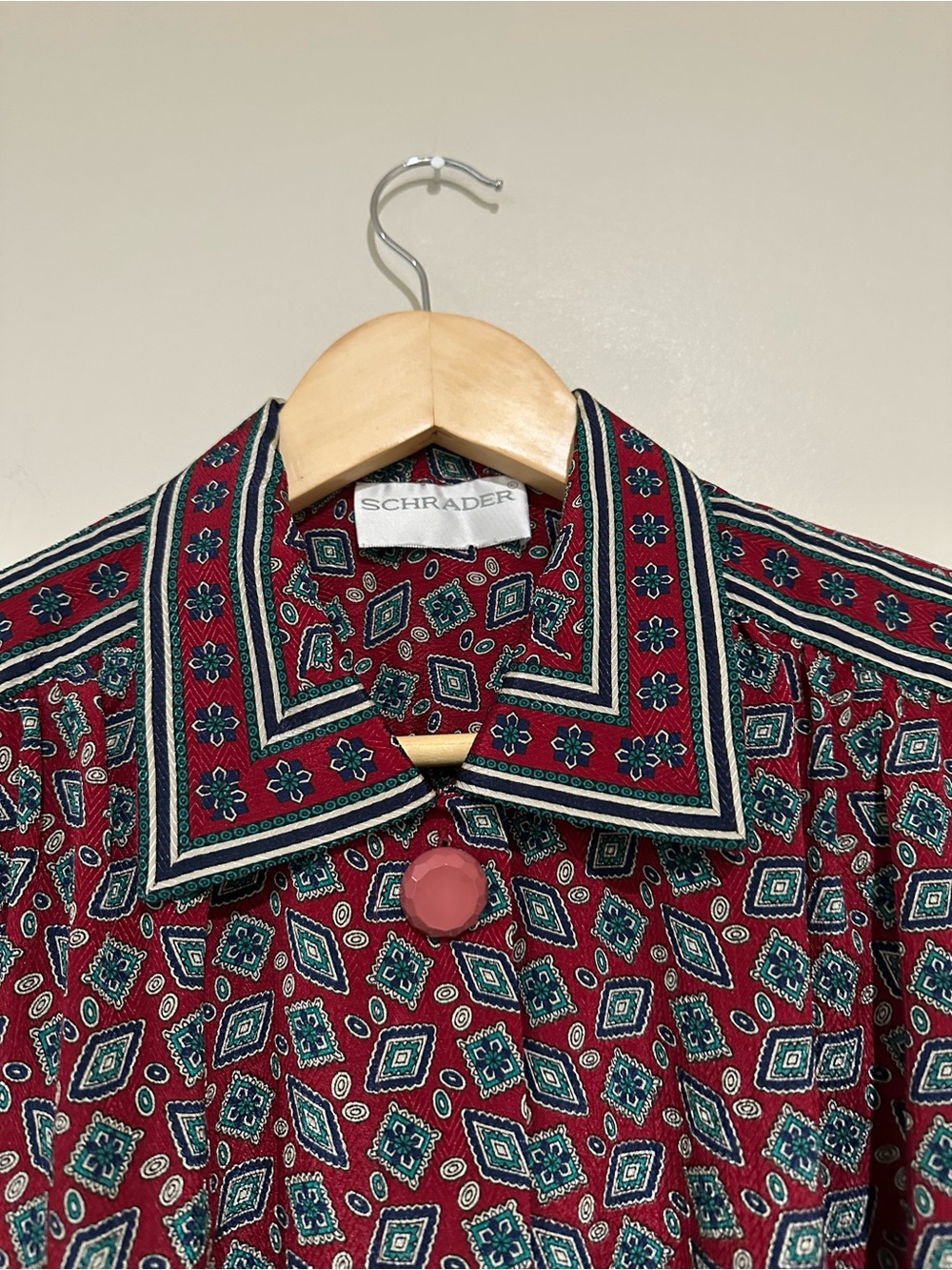 Vintage Schrader Red Geometric Belted Shirt Dress Retro Fits XL Midi Pockets - Picture 9 of 16